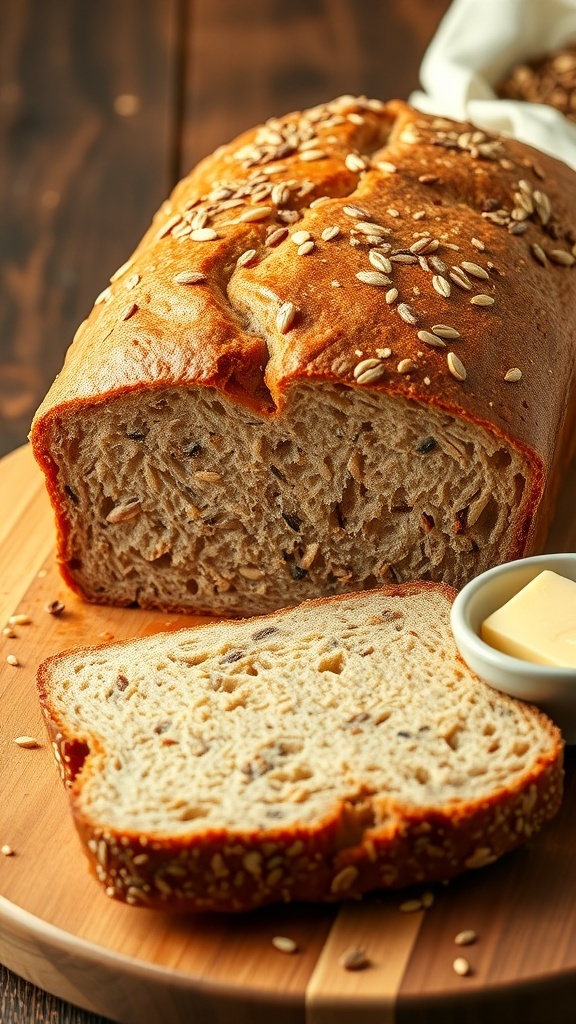 A sliced loaf of 9 grain bread with a rustic crust and hearty texture on a wooden board with butter.